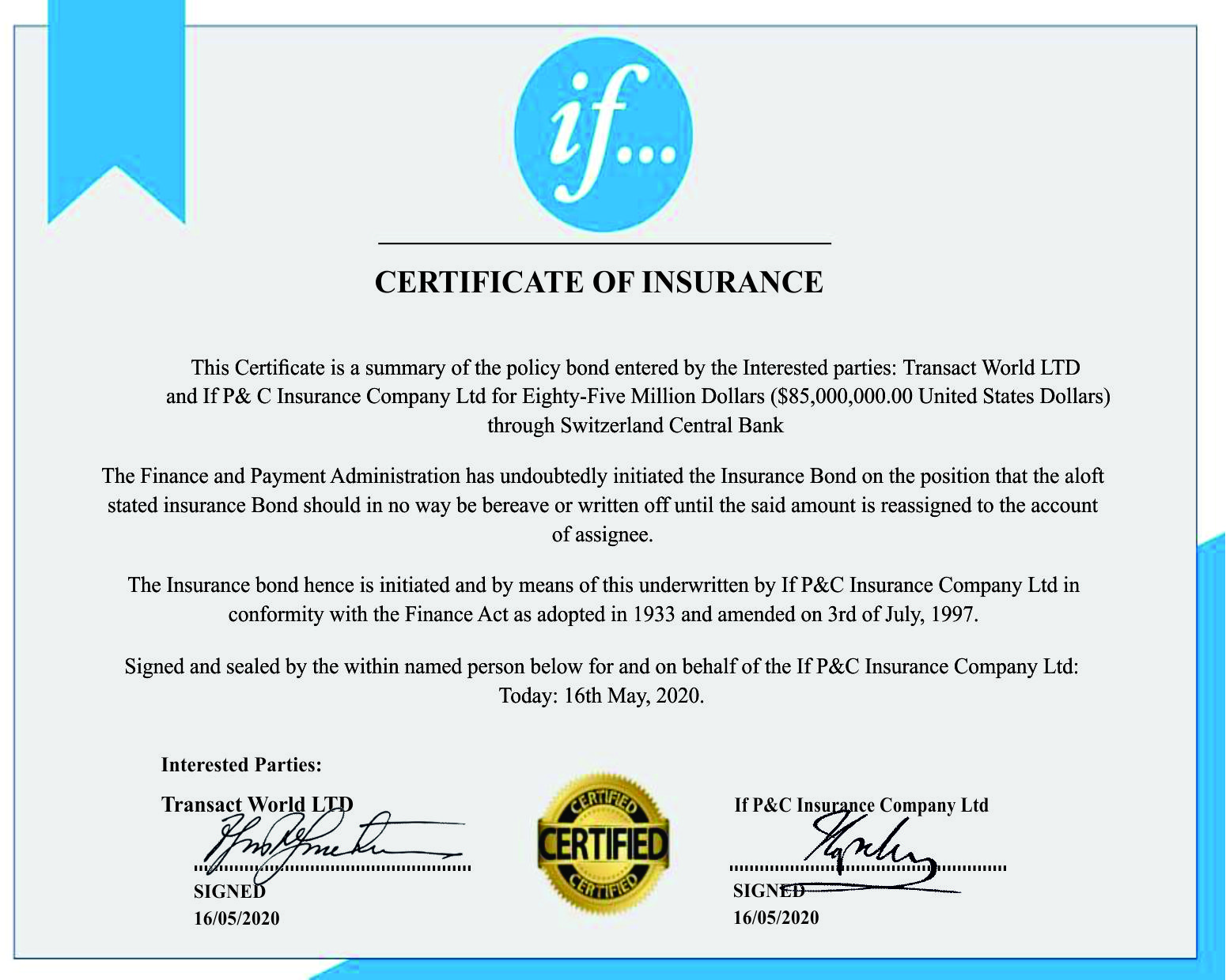 Transact World LTD certificate